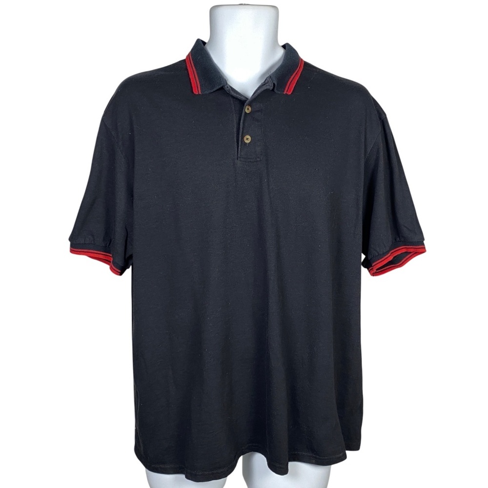 Vintage Hanes Polo Shirt Mens Size L Short Sleeve Black w Red Trim Cotton Blend